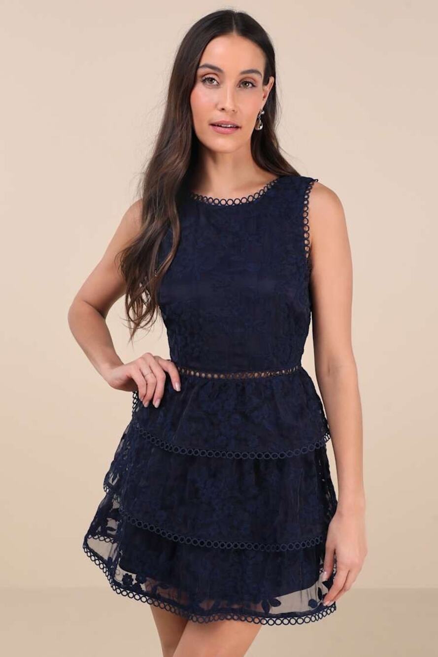 NWT Lulus Look So Sweet Navy Blue Embroidered Lace Mini Dress Cocktail Size S